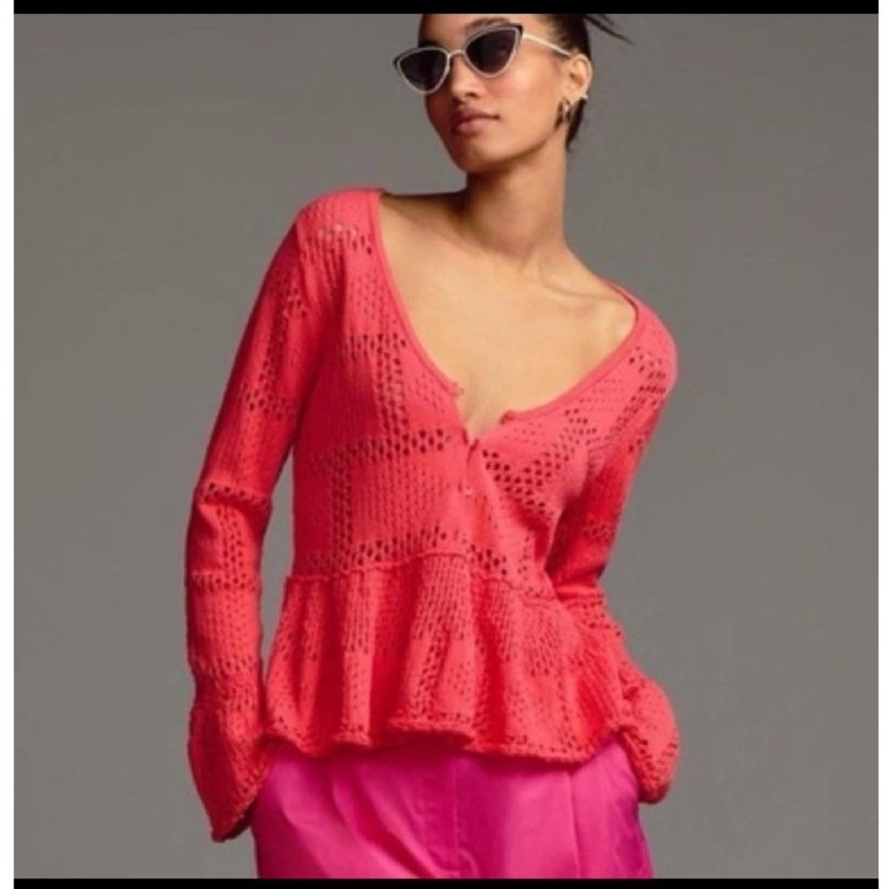 NEW Pilcro Womens Crochet Peplum Cardigan Top Size S Salmon Pink‎ Coquette